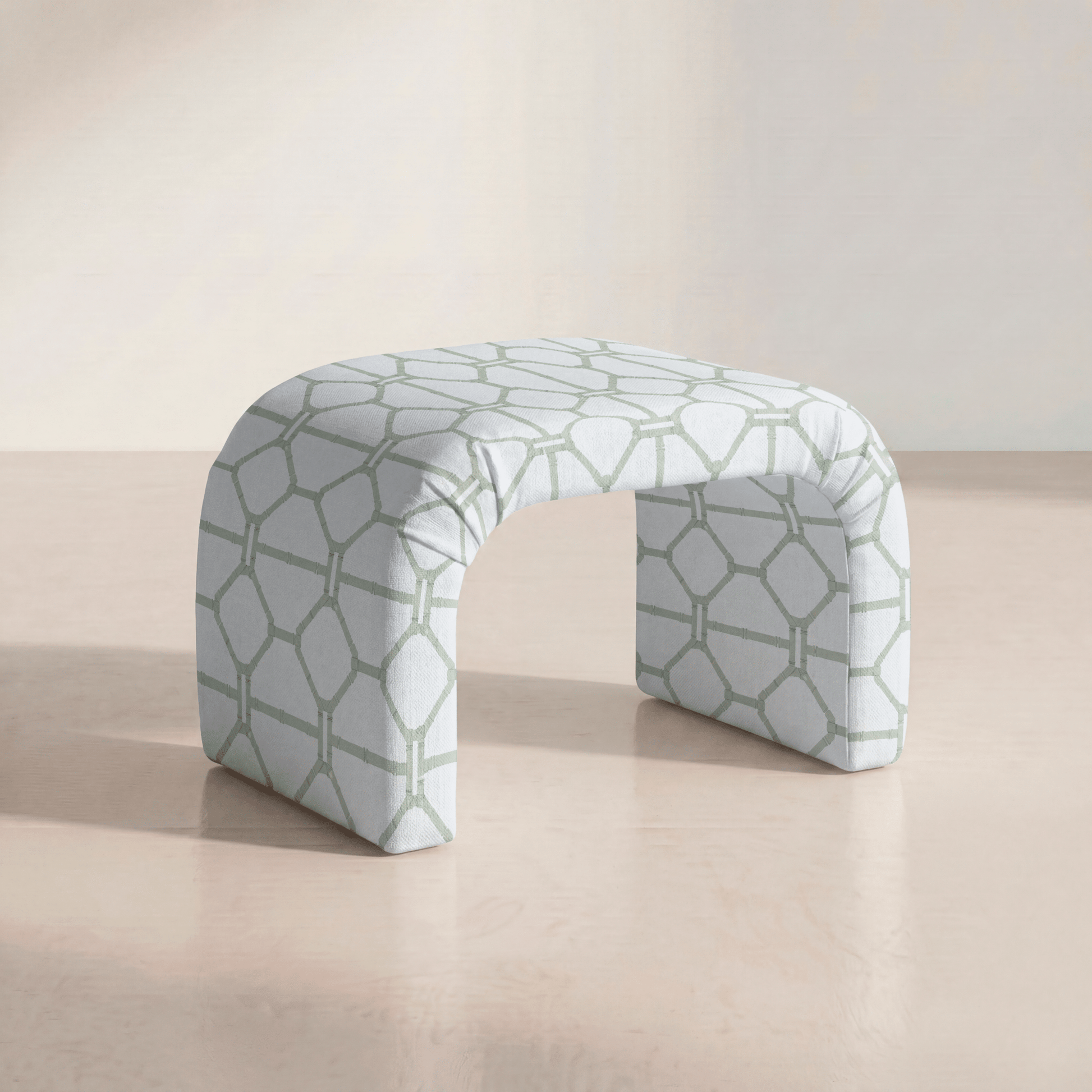 The Lewis Ottoman in Palm Promenade Cool Mint Bamboo Trellis - Lemon Park
