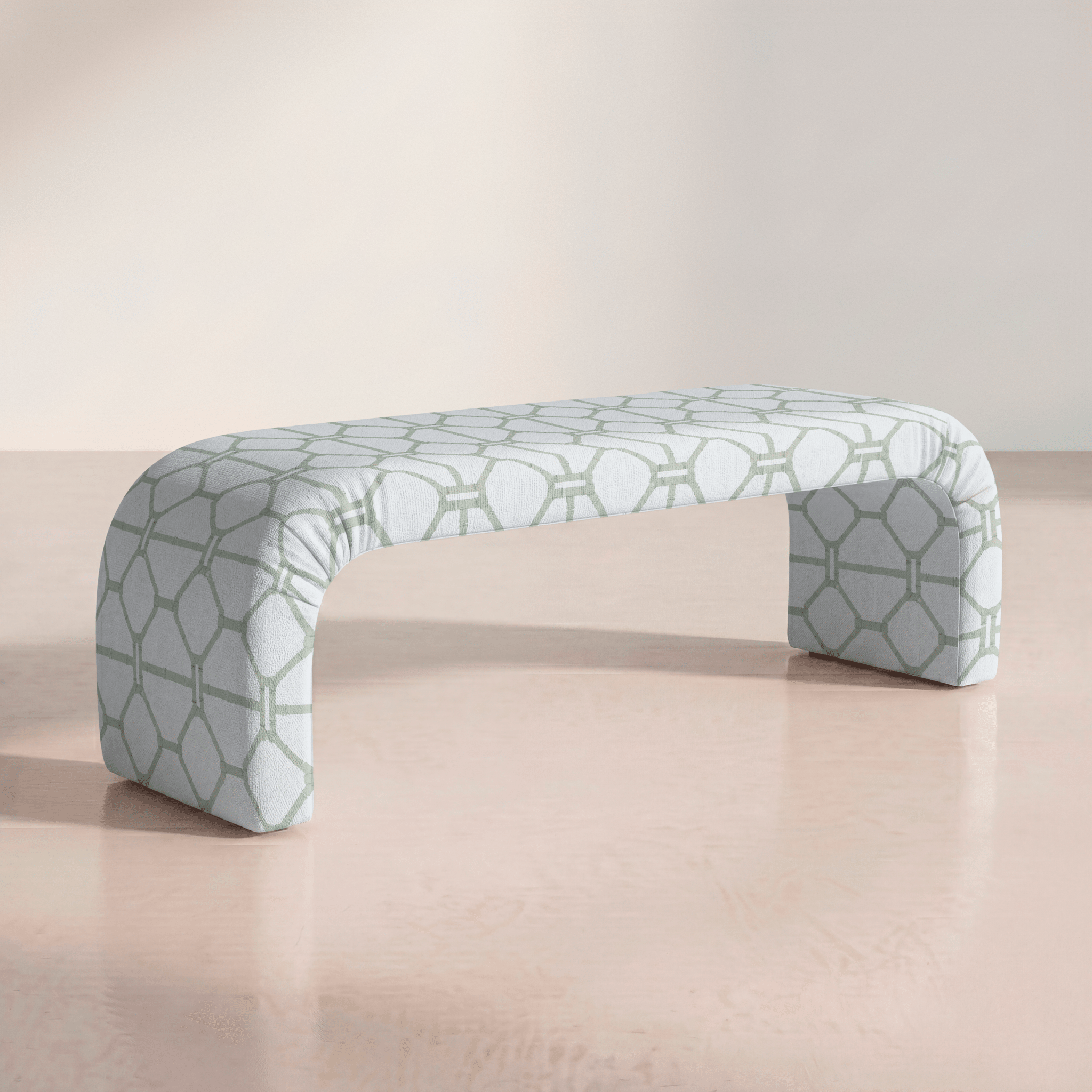 The Lewis Ottoman in Palm Promenade Cool Mint Bamboo Trellis - Lemon Park