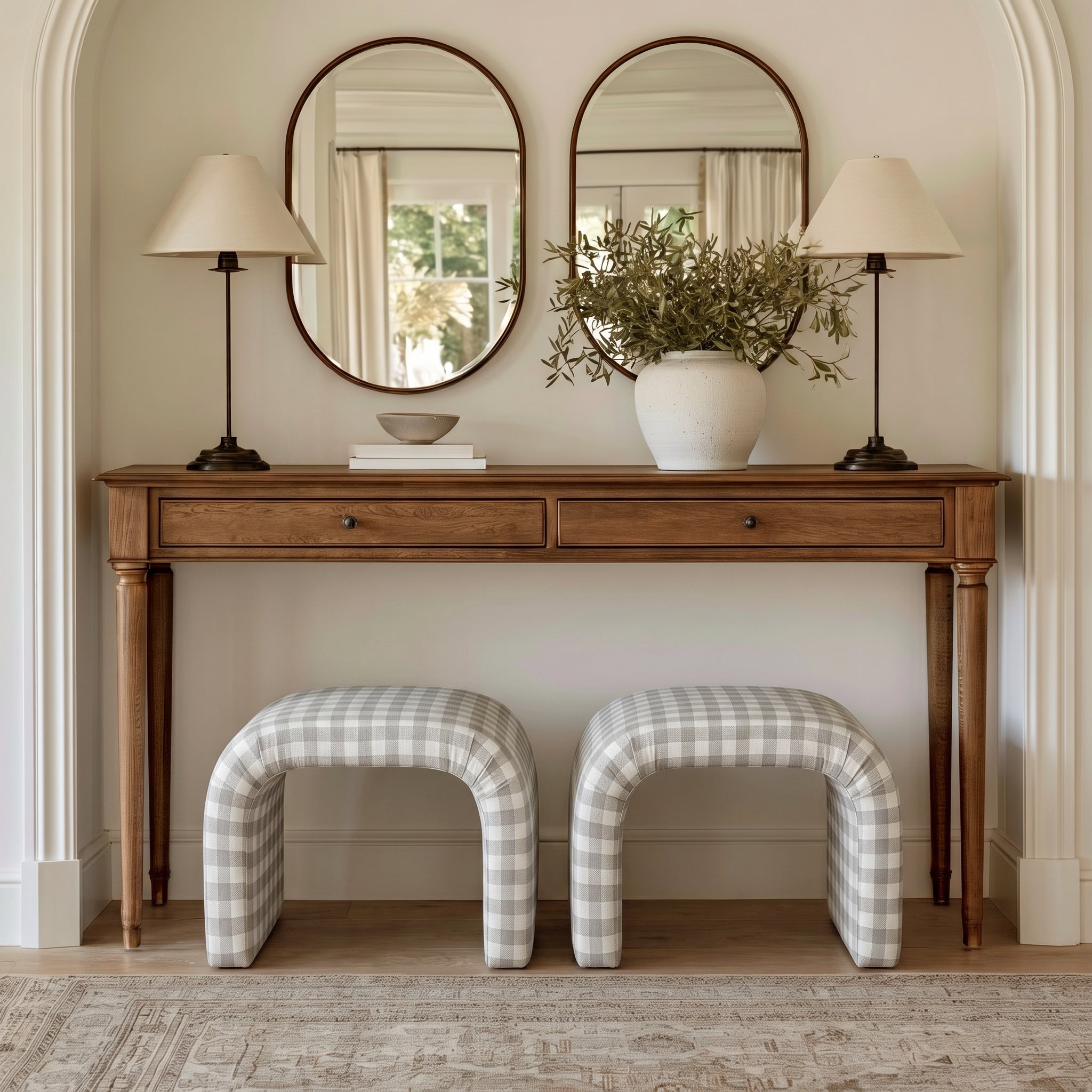The Lewis Ottoman in Pearl's Haven Fog Gingham - Lemon Park