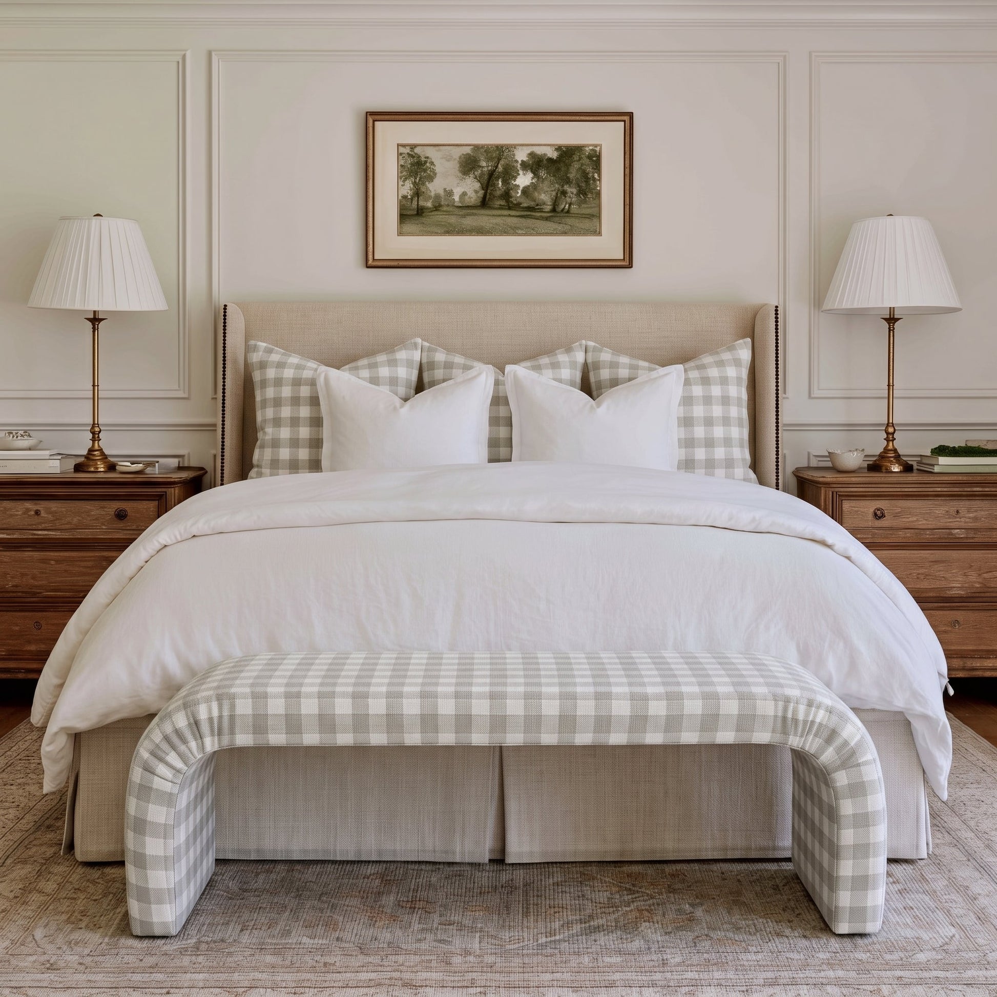 The Lewis Ottoman in Pearl's Haven Fog Gingham - Lemon Park