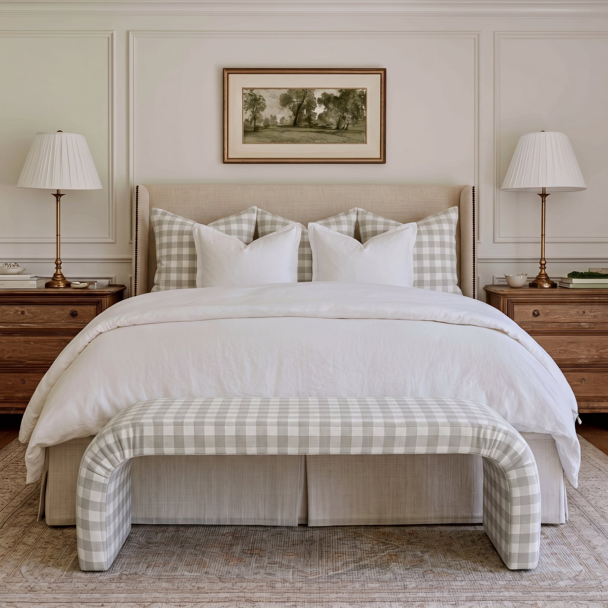 The Lewis Ottoman in Pearl's Haven Fog Gingham - Lemon Park