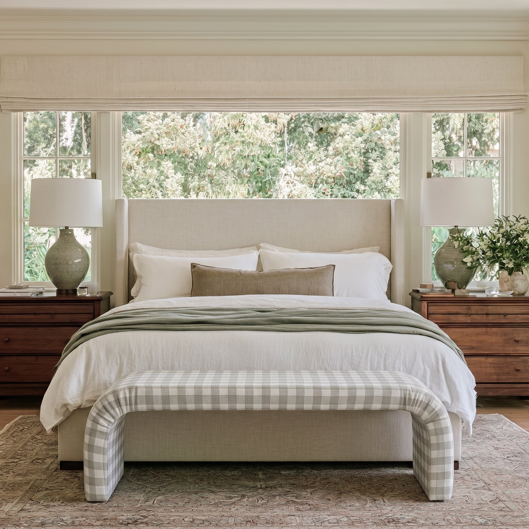 The Lewis Ottoman in Pearl's Haven Fog Gingham - Lemon Park
