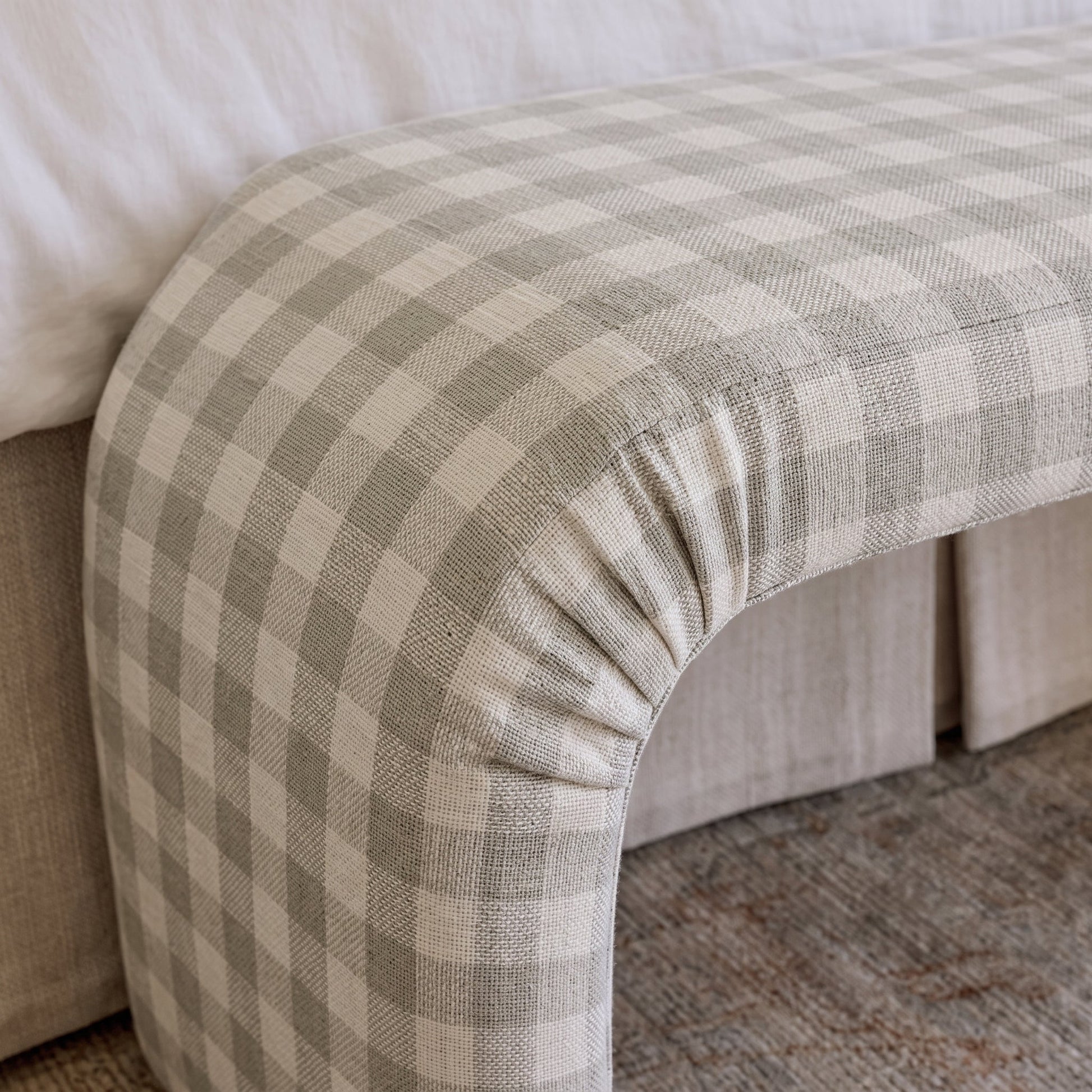 The Lewis Ottoman in Pearl's Haven Fog Gingham - Lemon Park