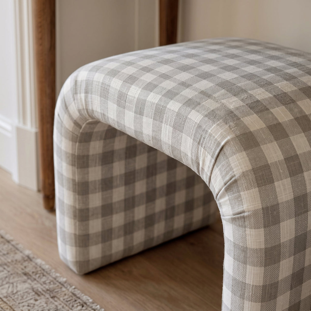 The Lewis Ottoman in Pearl's Haven Fog Gingham - Lemon Park