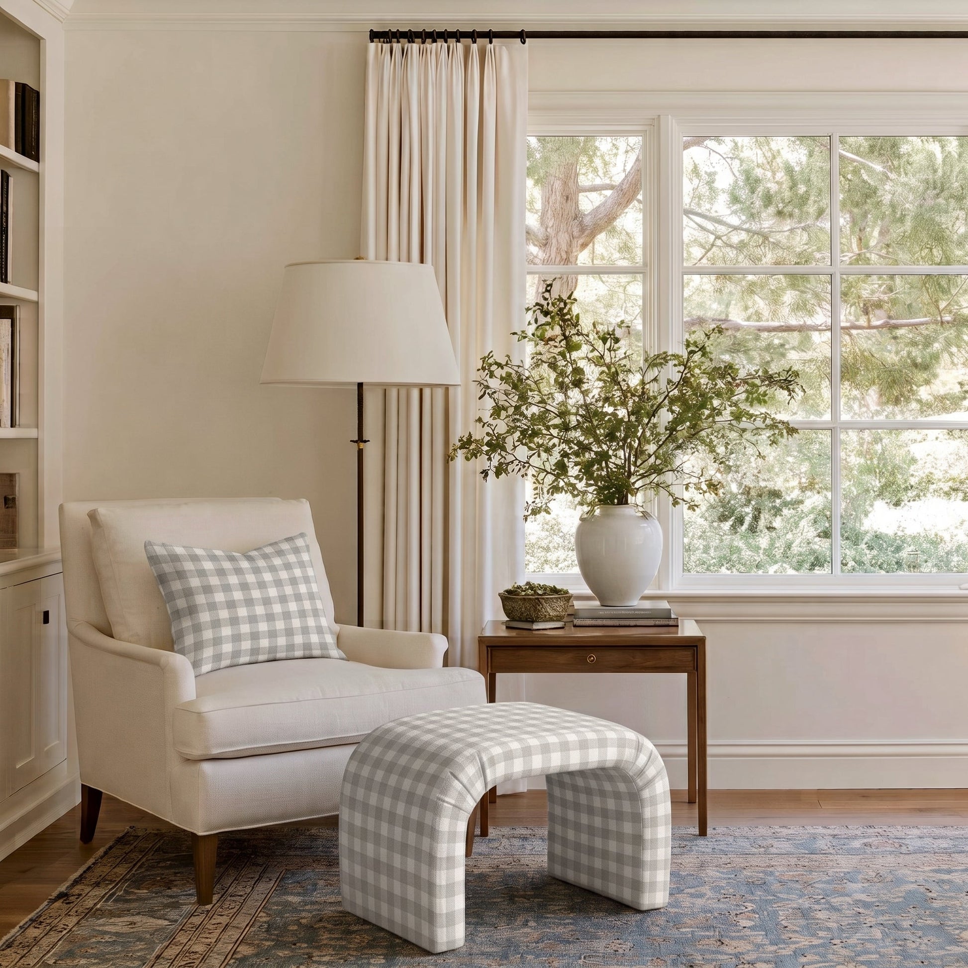 The Lewis Ottoman in Pearl's Haven Fog Gingham - Lemon Park
