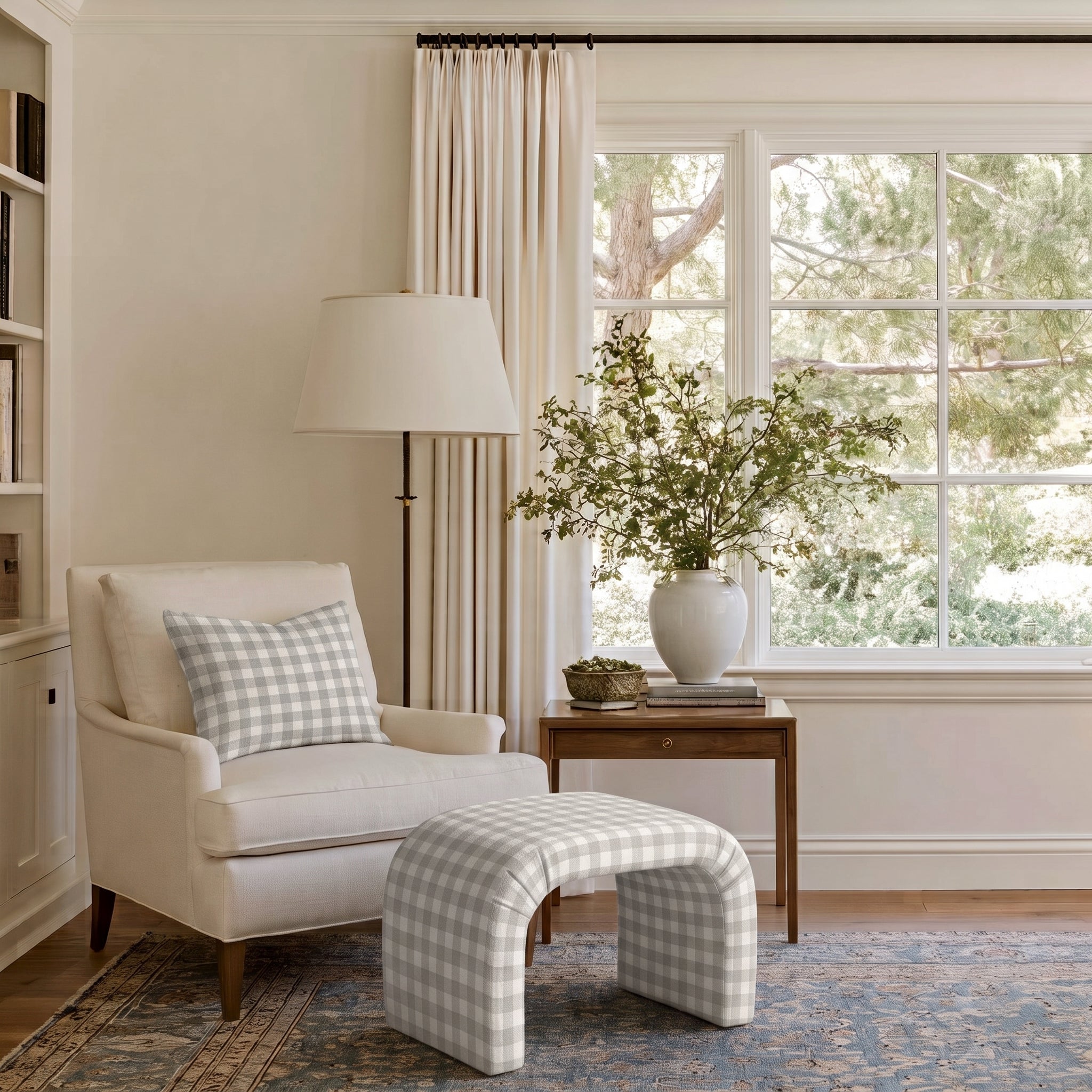 The Lewis Ottoman in Pearl's Haven Fog Gingham - Lemon Park