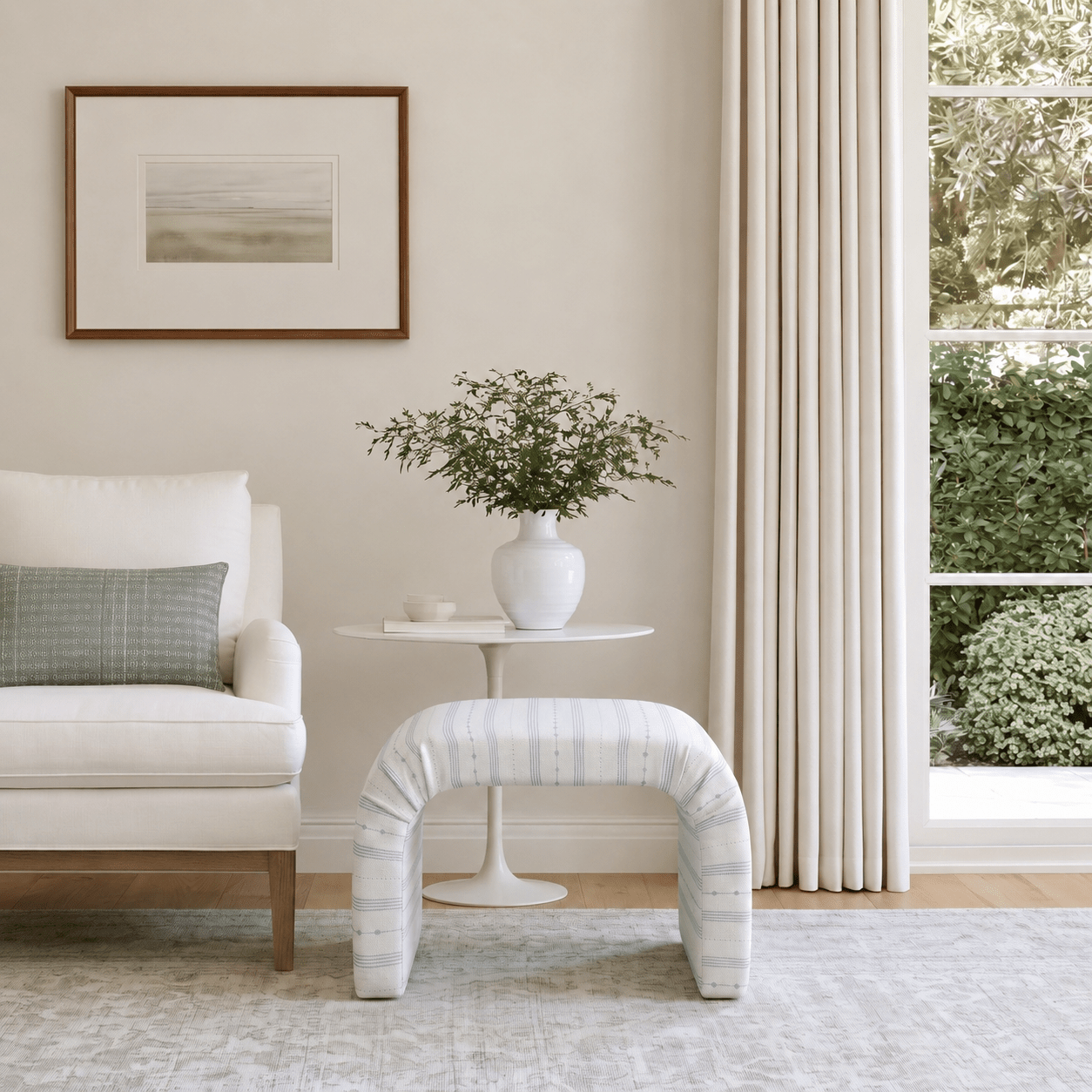 The Lewis Ottoman in Pearl's Haven Spring Blue Stripes - Lemon Park