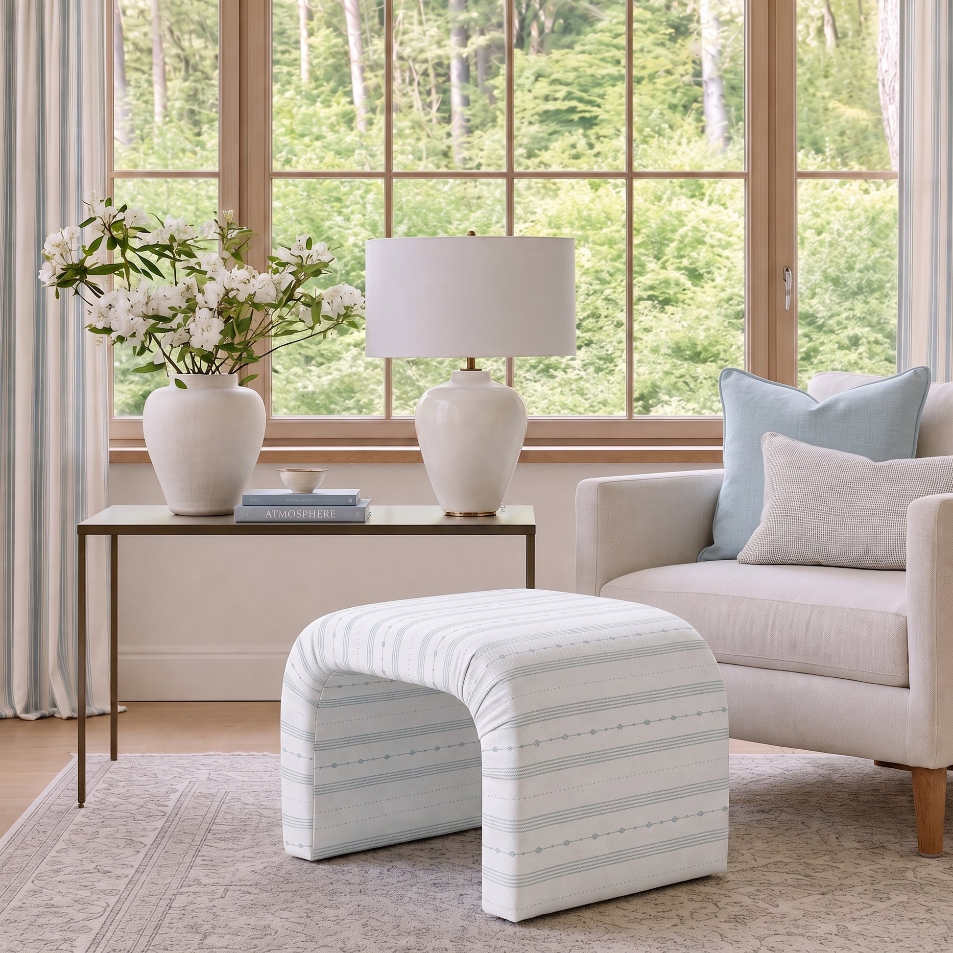 The Lewis Ottoman in Pearl's Haven Spring Blue Stripes - Lemon Park