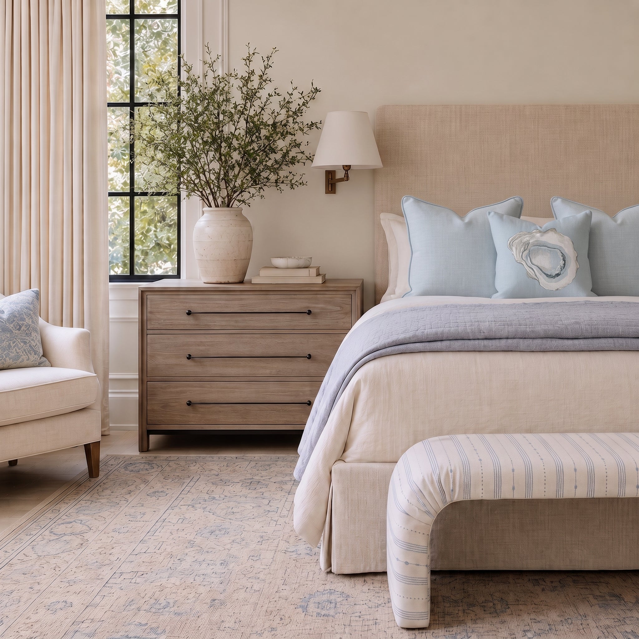 The Lewis Ottoman in Pearl's Haven Spring Blue Stripes - Lemon Park
