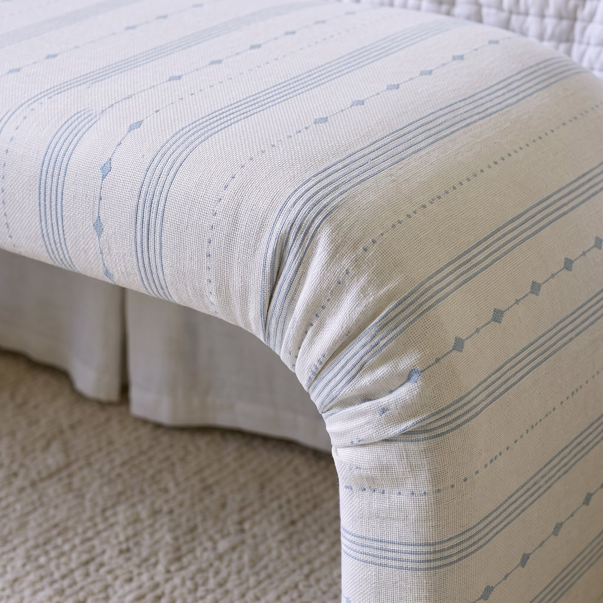 The Lewis Ottoman in Pearl's Haven Spring Blue Stripes - Lemon Park