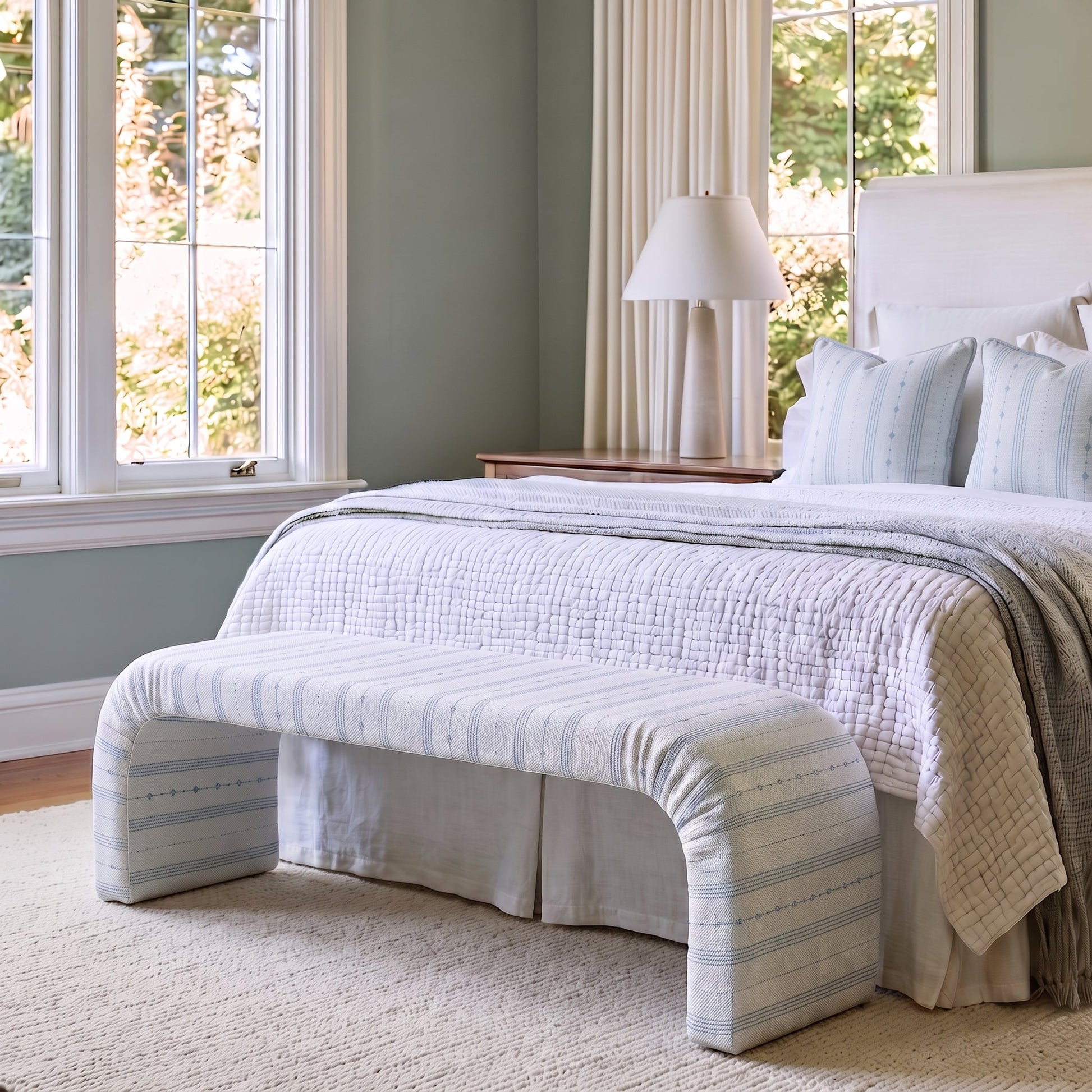 The Lewis Ottoman in Pearl's Haven Spring Blue Stripes - Lemon Park