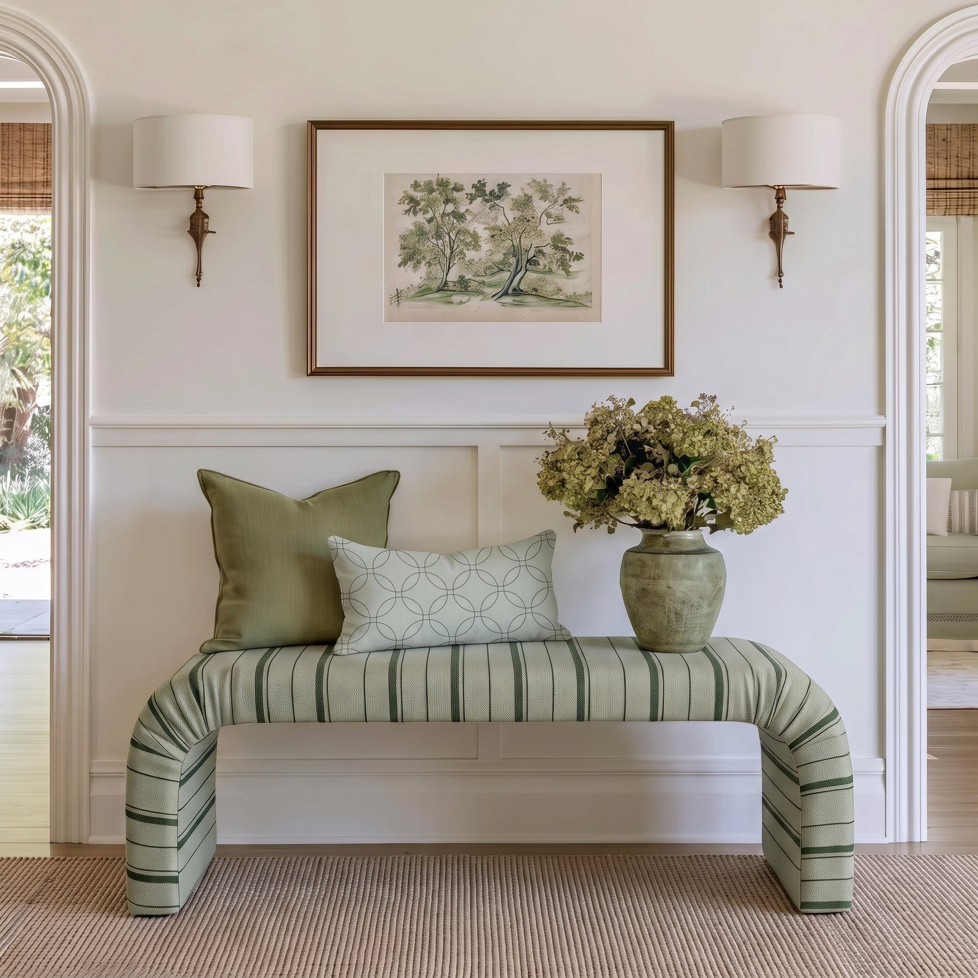The Lewis Ottoman in The Silk Garden Sage Stripes - Lemon Park