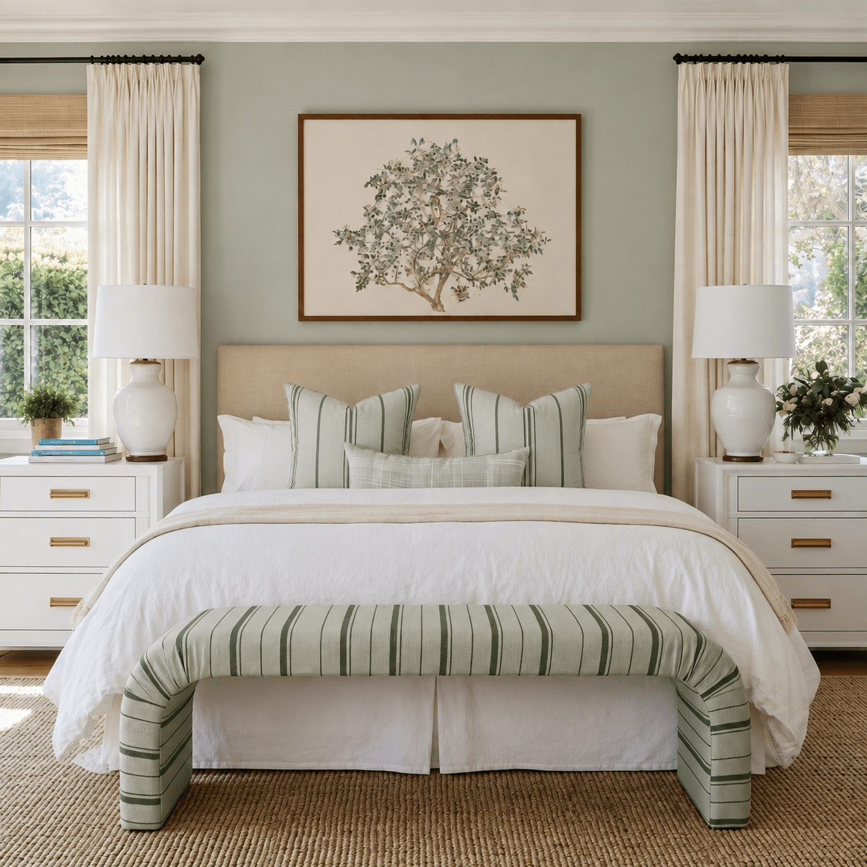 The Lewis Ottoman in The Silk Garden Sage Stripes - Lemon Park