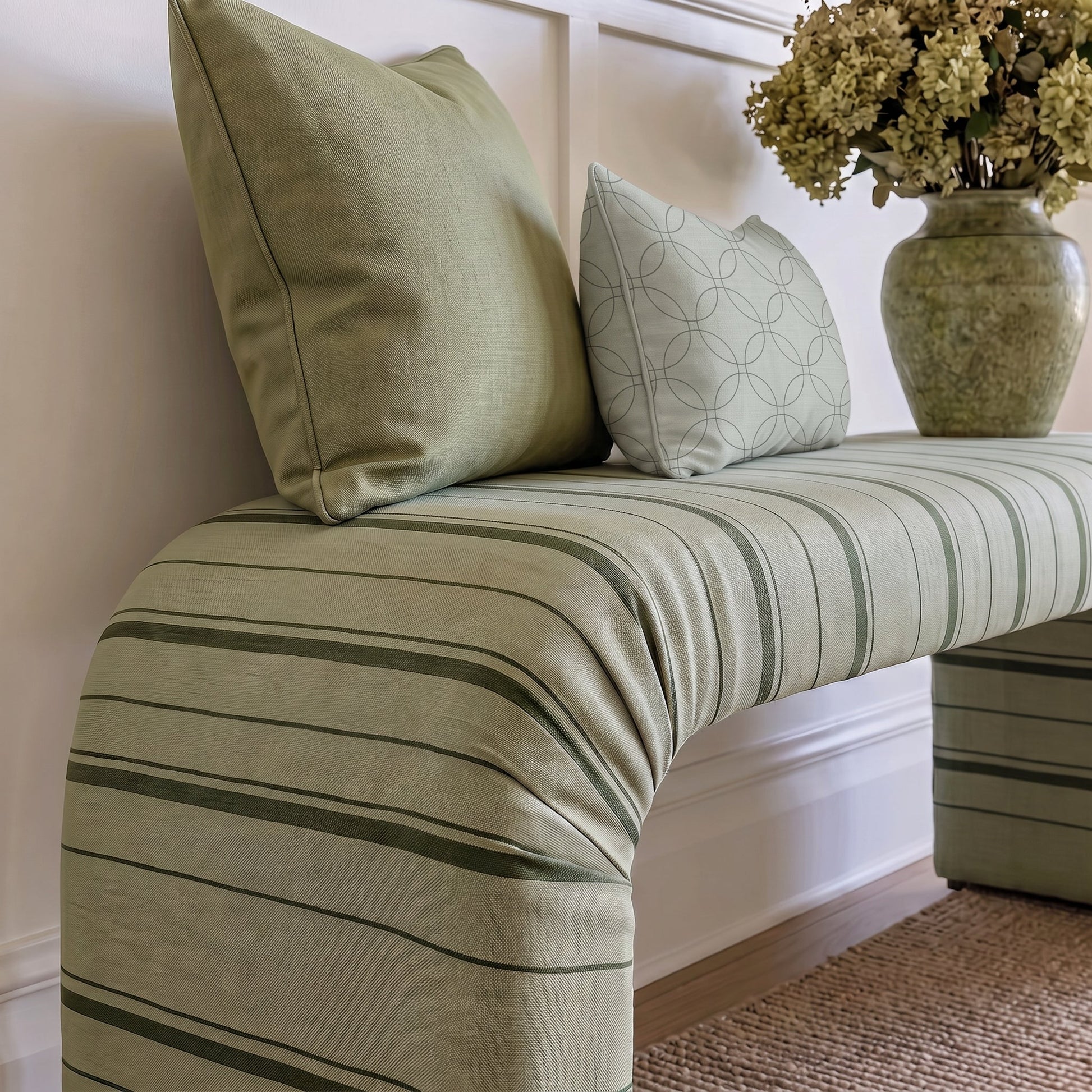 The Lewis Ottoman in The Silk Garden Sage Stripes - Lemon Park