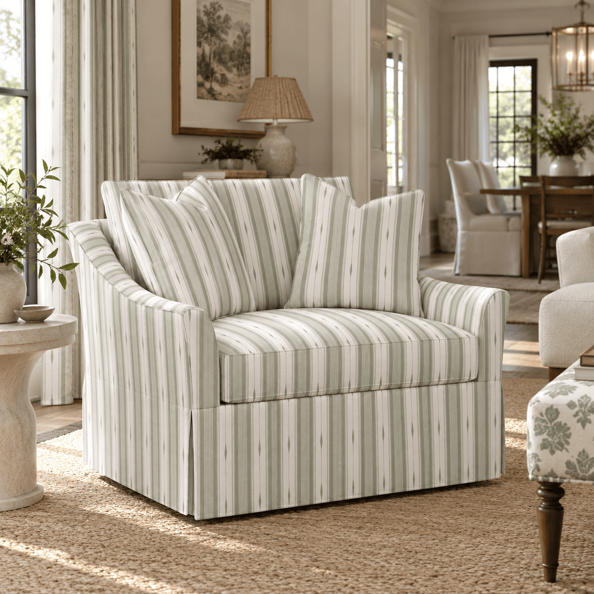 The Nolen Chair in Blue Dresses Lemongrass Stripes - Lemon Park