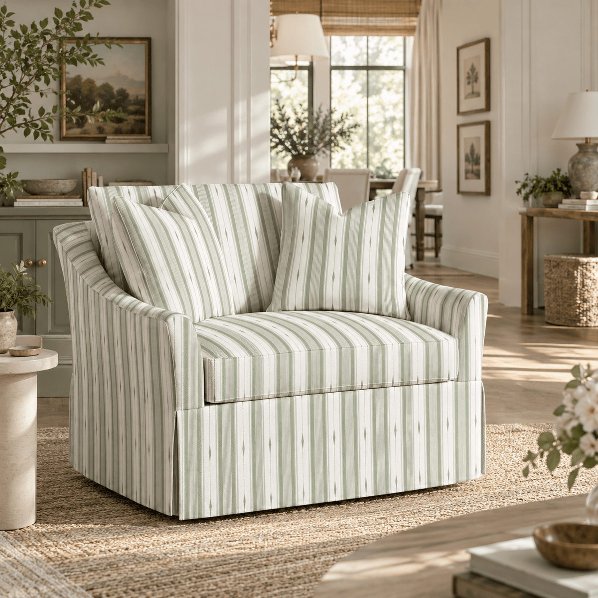 The Nolen Chair in Blue Dresses Lemongrass Stripes - Lemon Park