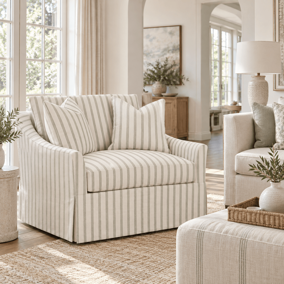 The Nolen Chair in Orange County Olive Stripes - Lemon Park