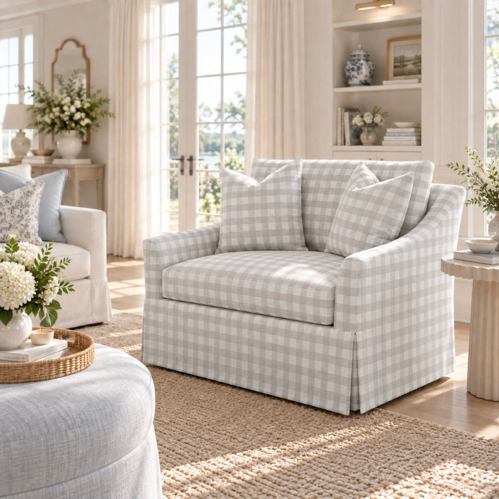 The Nolen Chair in Pearl's Haven Fog Gingham - Lemon Park