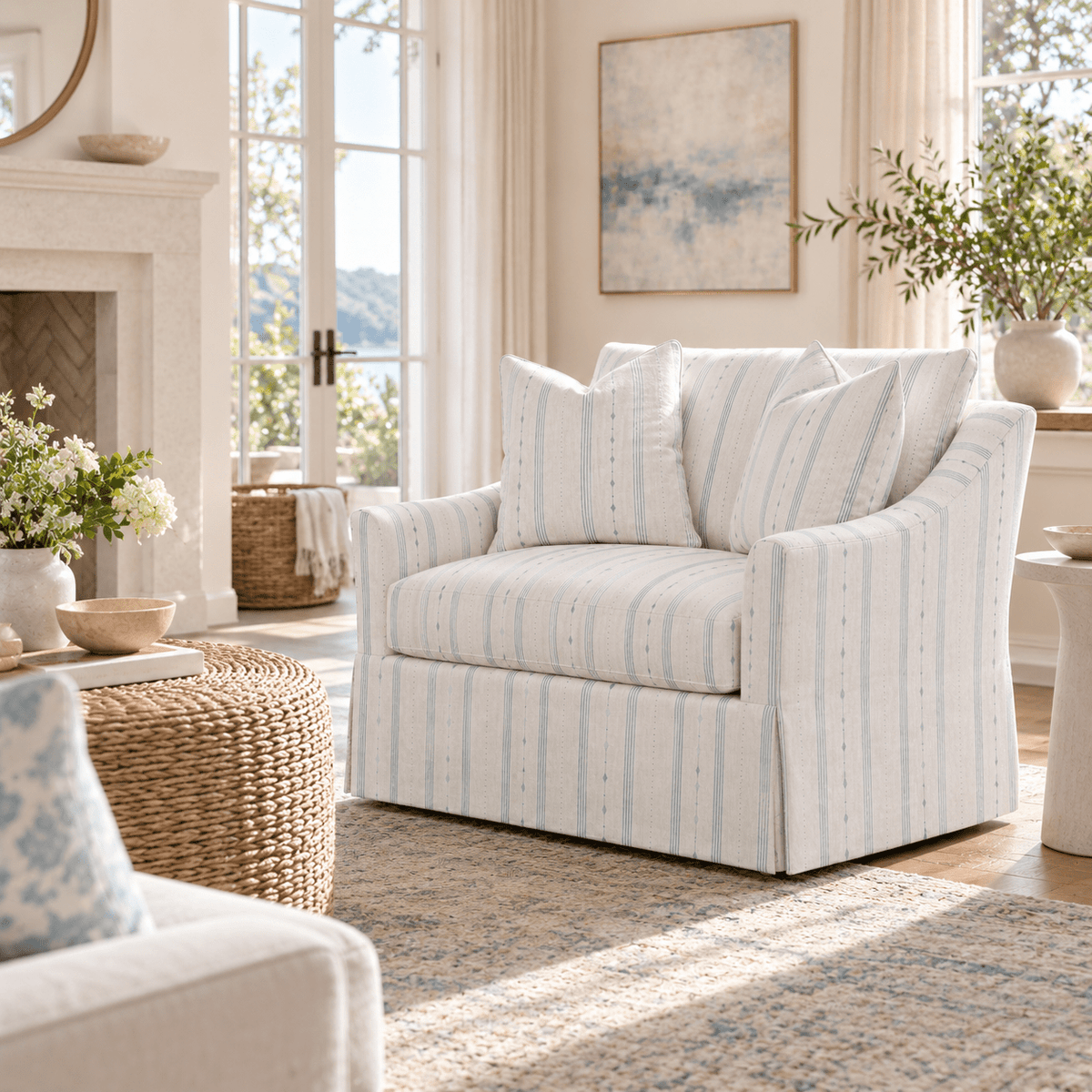 The Nolen Chair in Pearl's Haven Spring Blue Stripes - Lemon Park