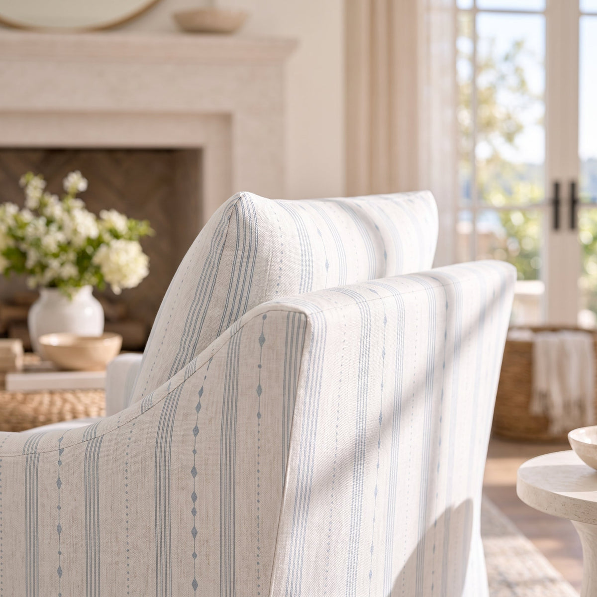 The Nolen Chair in Pearl's Haven Spring Blue Stripes - Lemon Park