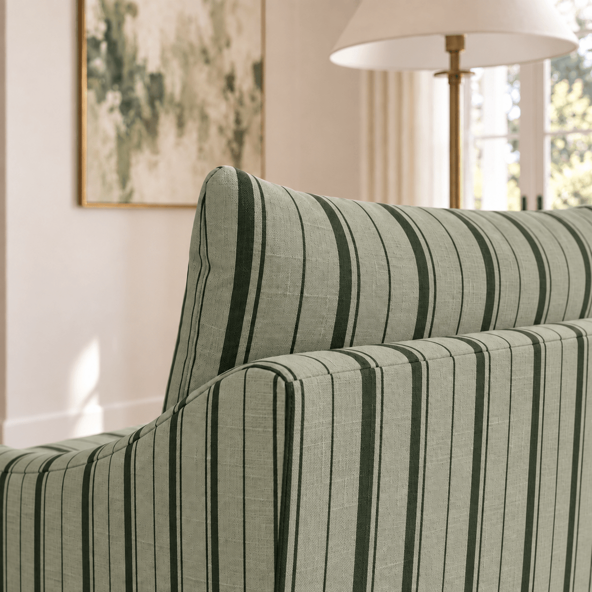 The Nolen Chair in The Silk Garden Sage Stripes - Lemon Park