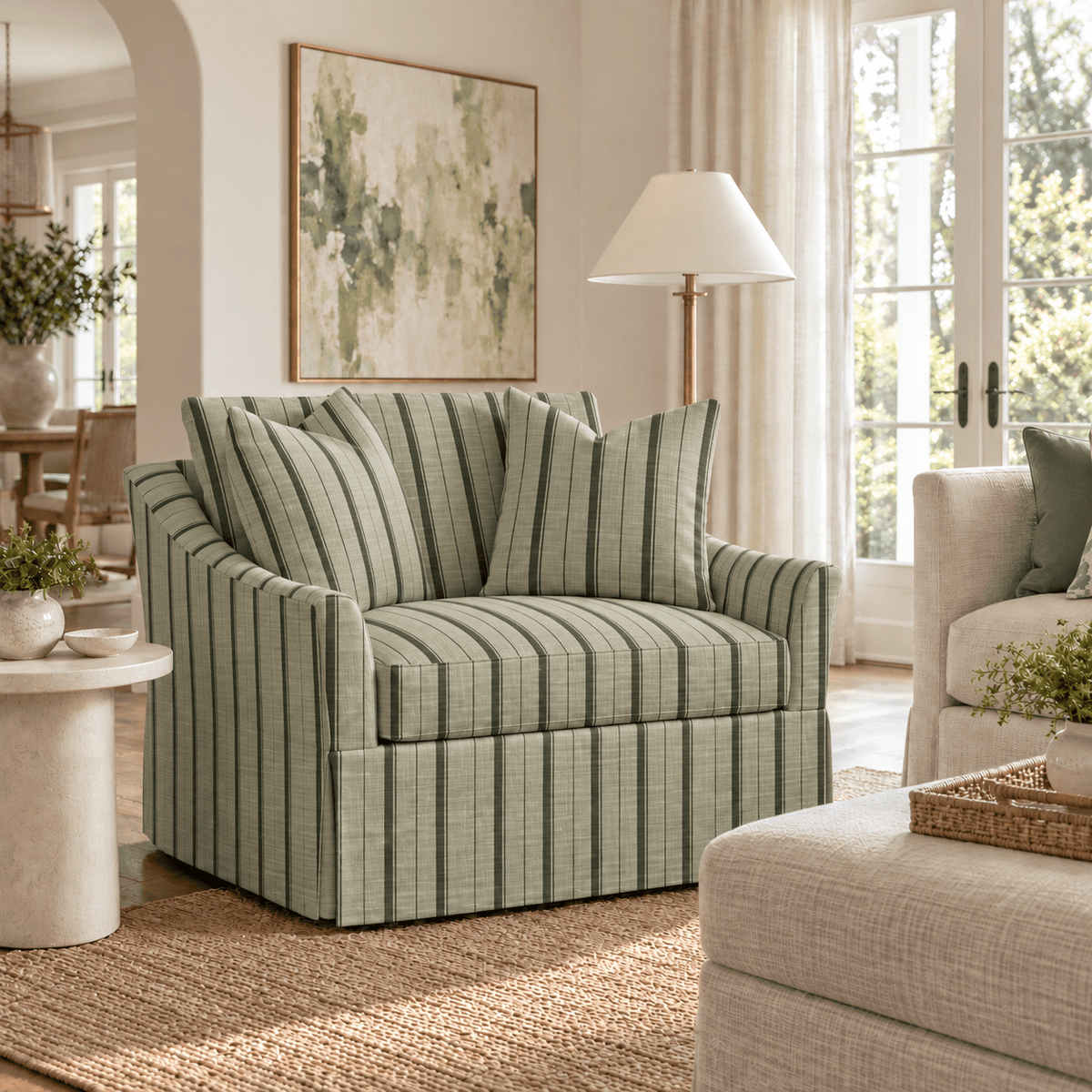 The Nolen Chair in The Silk Garden Sage Stripes - Lemon Park