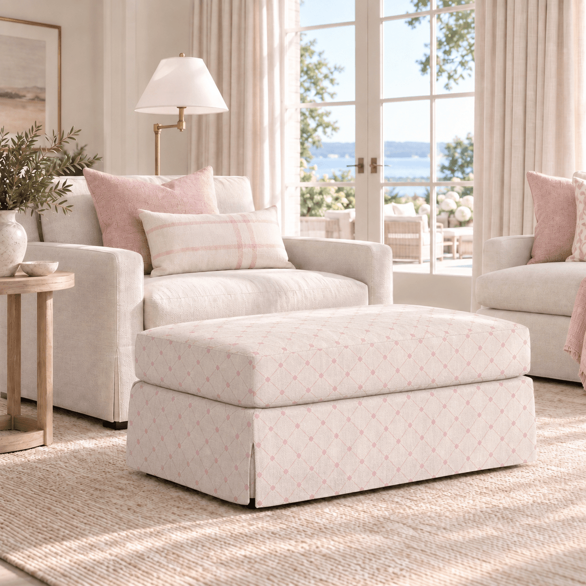 The Nolen Ottoman in Bellagio Blush Linen Lattice - Lemon Park
