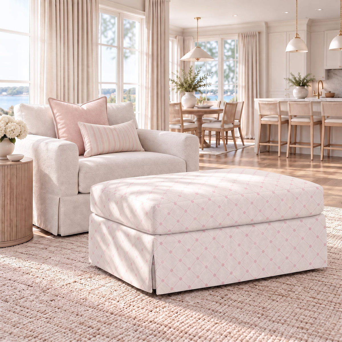 The Nolen Ottoman in Bellagio Blush Linen Lattice - Lemon Park