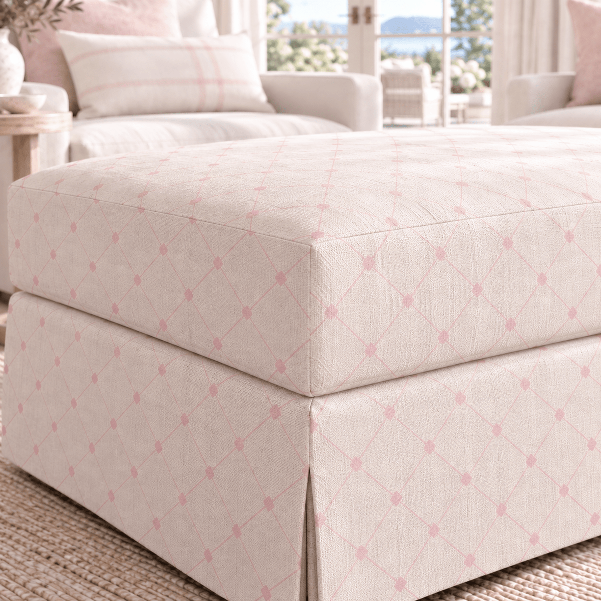 The Nolen Ottoman in Bellagio Blush Linen Lattice - Lemon Park