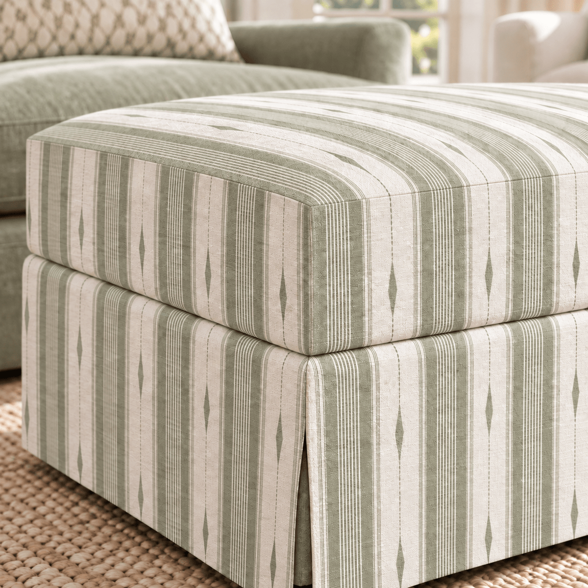 The Nolen Ottoman in Blue Dresses Lemongrass Stripes - Lemon Park