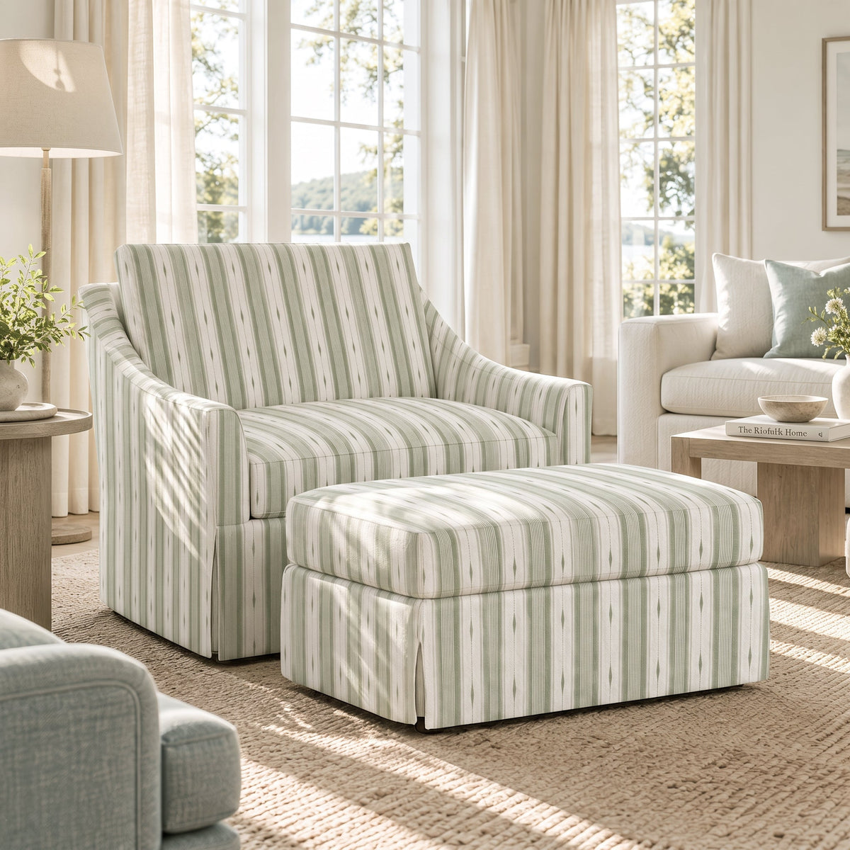The Nolen Ottoman in Blue Dresses Lemongrass Stripes - Lemon Park