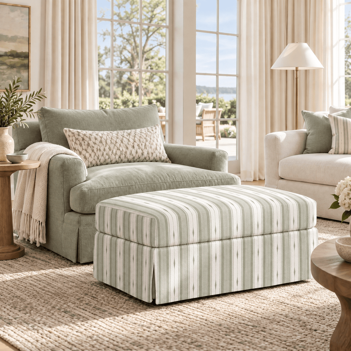 The Nolen Ottoman in Blue Dresses Lemongrass Stripes - Lemon Park