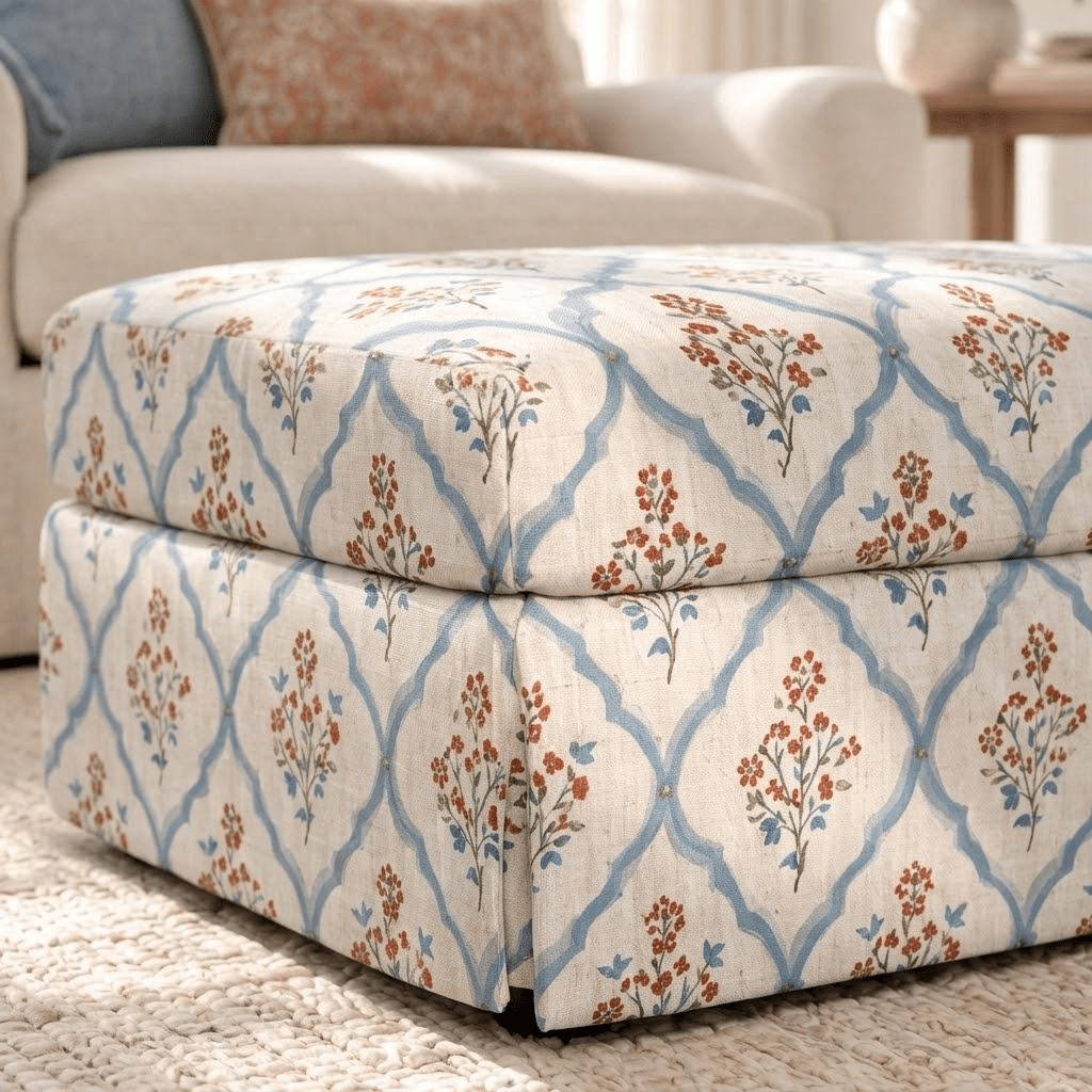 The Nolen Ottoman in Chambray Tiles - Lemon Park