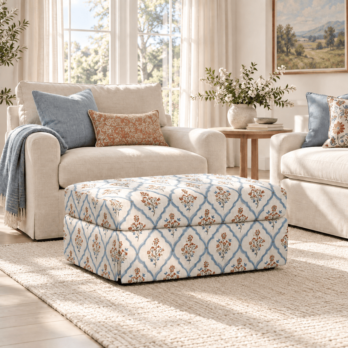The Nolen Ottoman in Chambray Tiles - Lemon Park