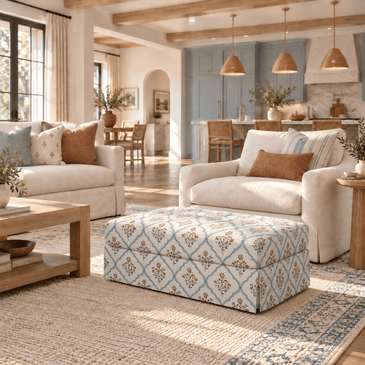 The Nolen Ottoman in Chambray Tiles - Lemon Park