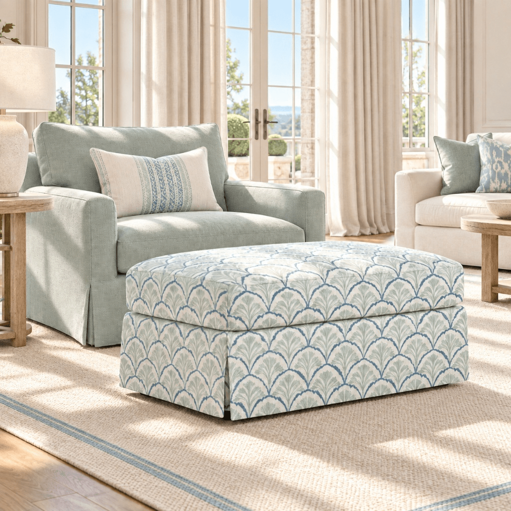 The Nolen Ottoman in Hint Of Lime Sprouts - Lemon Park