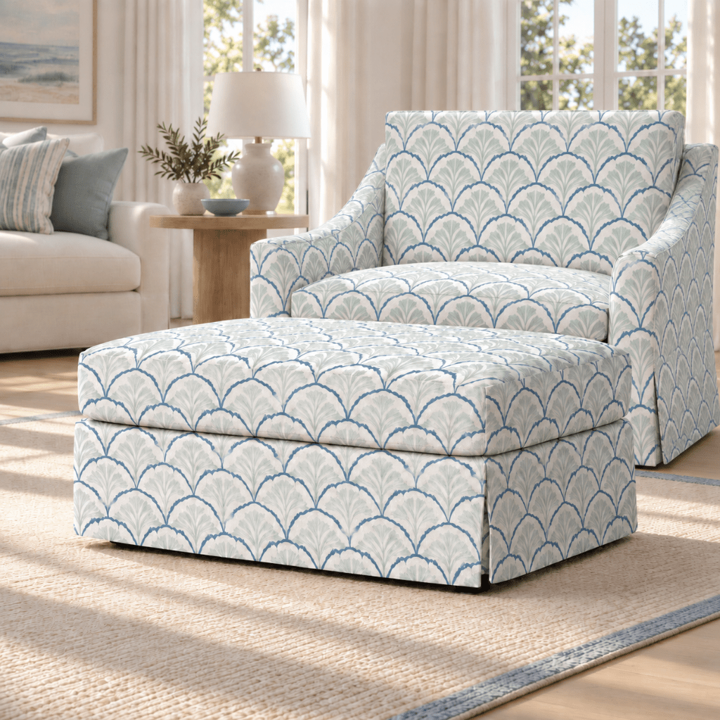The Nolen Ottoman in Hint Of Lime Sprouts - Lemon Park