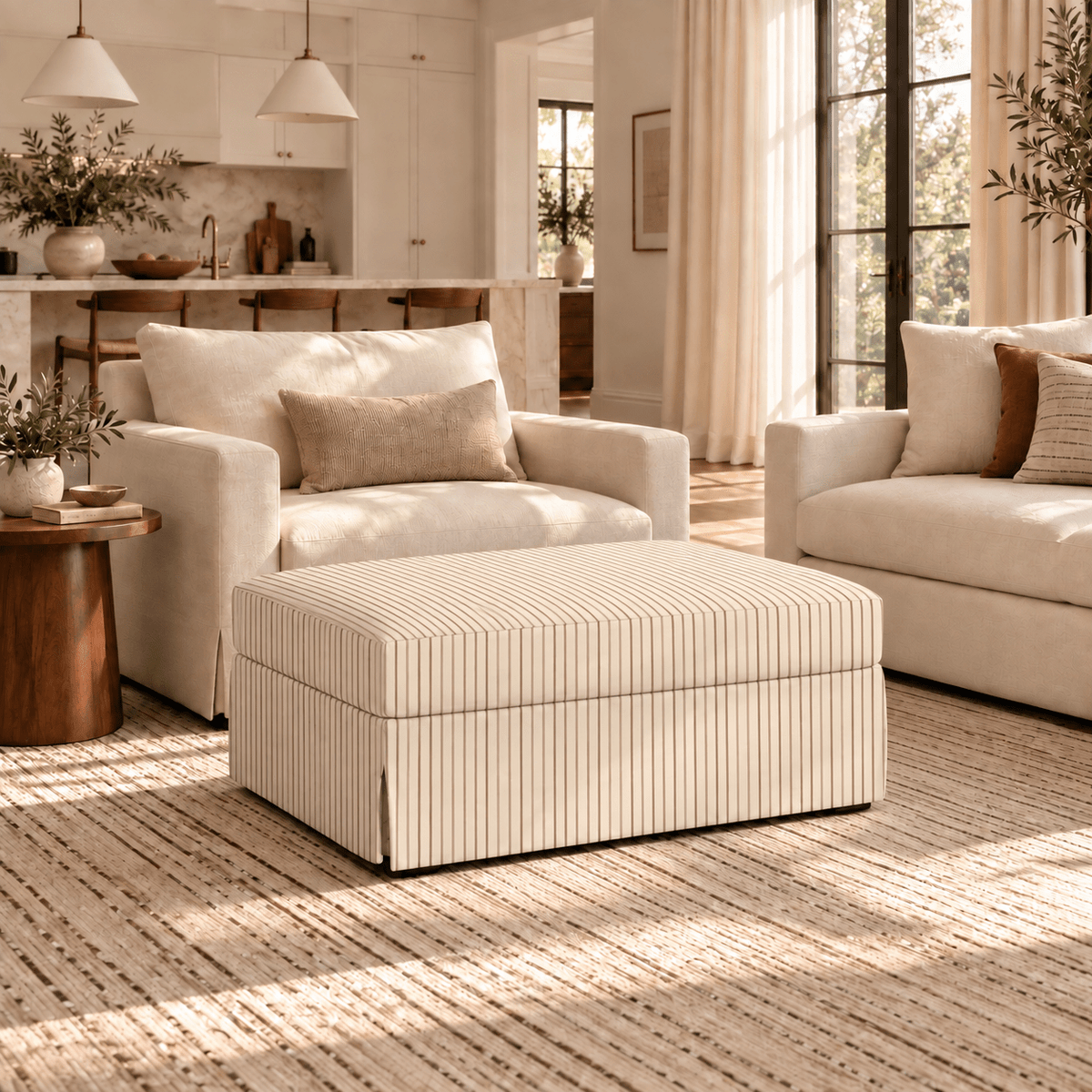 The Nolen Ottoman in Jude Pinstripe - Lemon Park