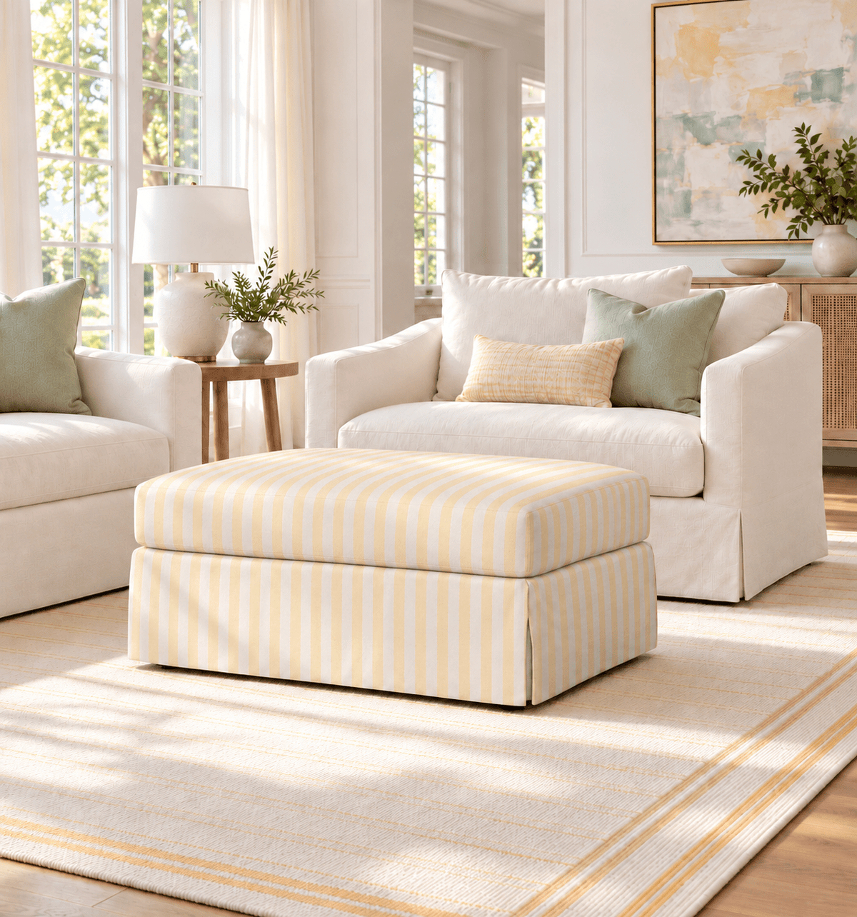 The Nolen Ottoman in Juliet's Garden Easter Yellow Stripe - Lemon Park