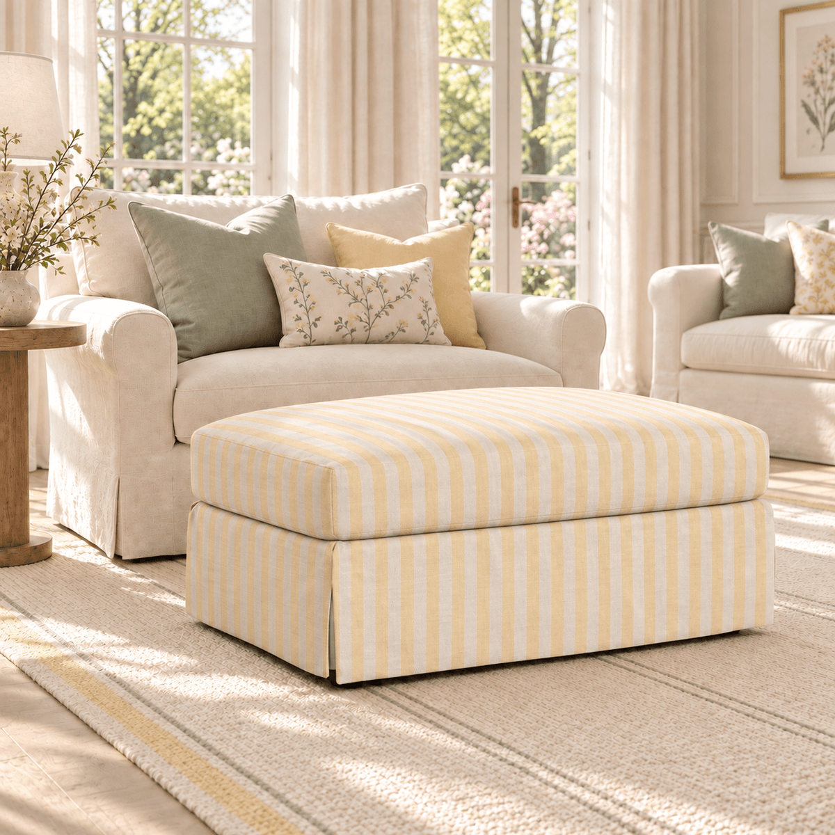 The Nolen Ottoman in Juliet's Garden Easter Yellow Stripe - Lemon Park