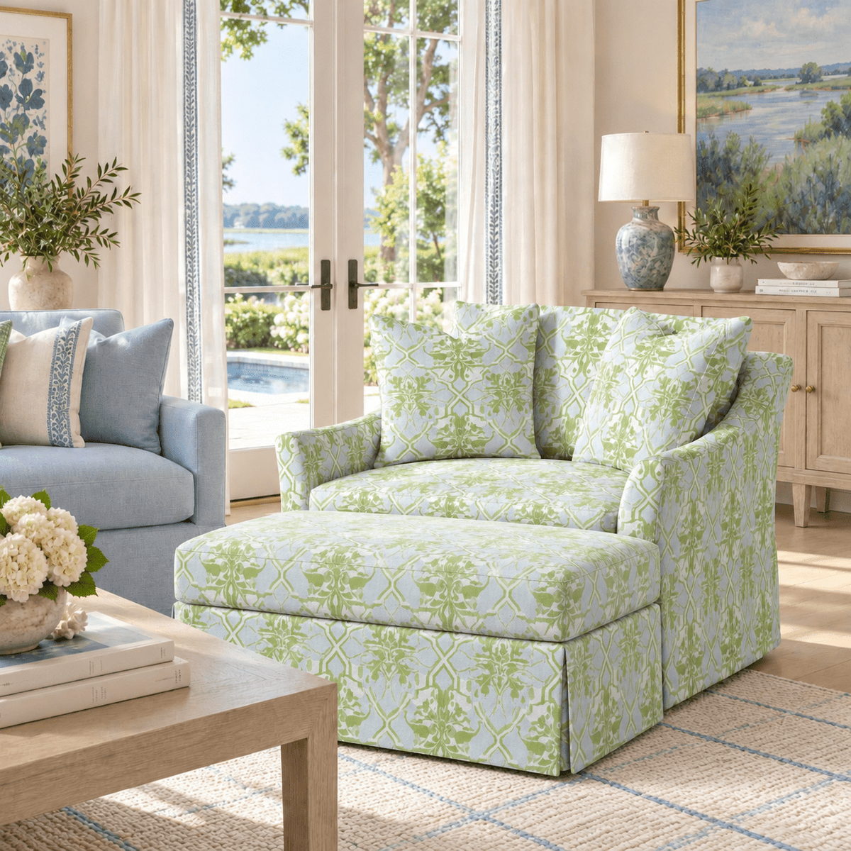 The Nolen Ottoman in Key Lime - Lemon Park