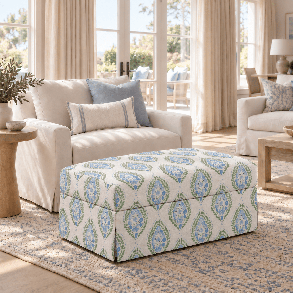 The Nolen Ottoman in Leaf Me Be - Lemon Park