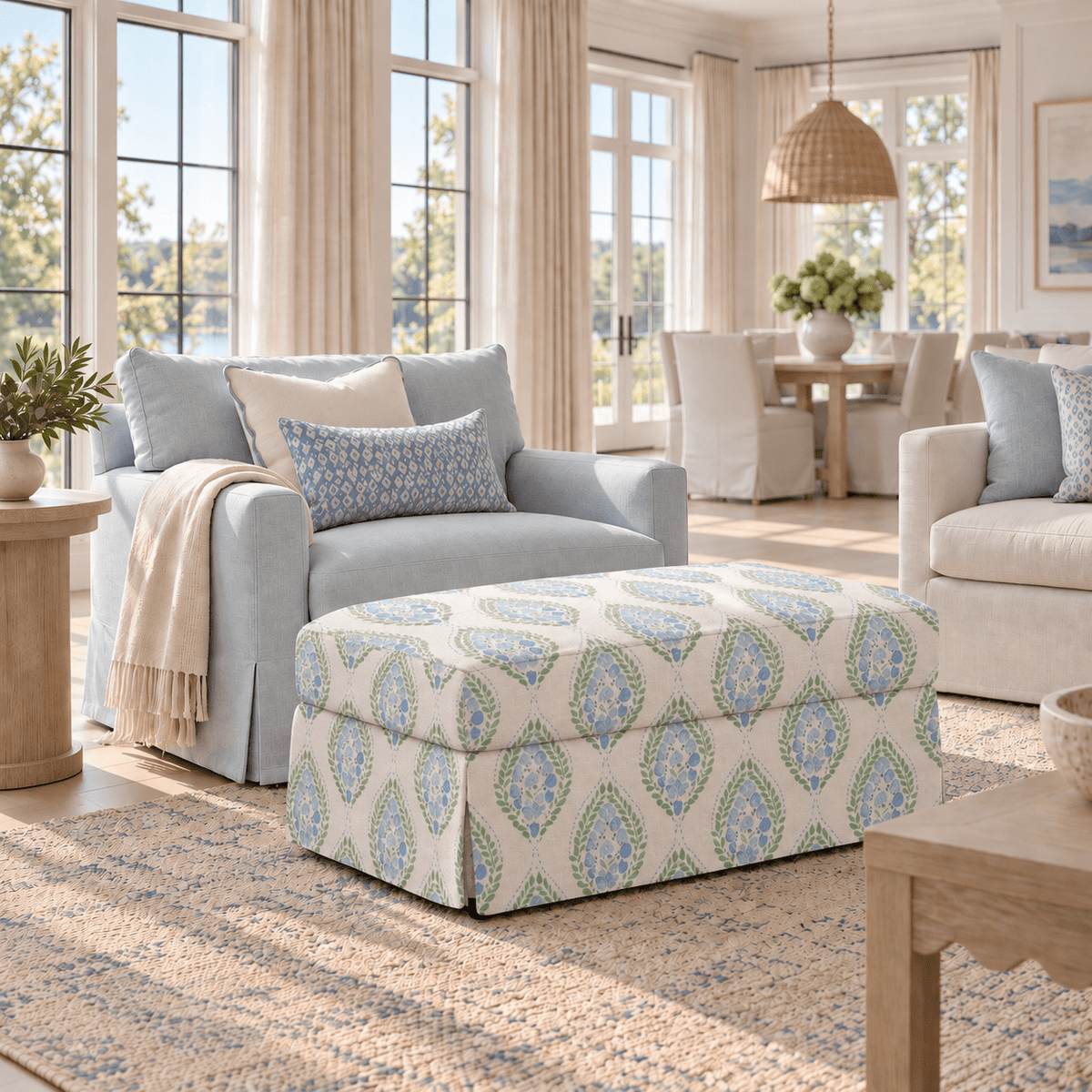 The Nolen Ottoman in Leaf Me Be - Lemon Park