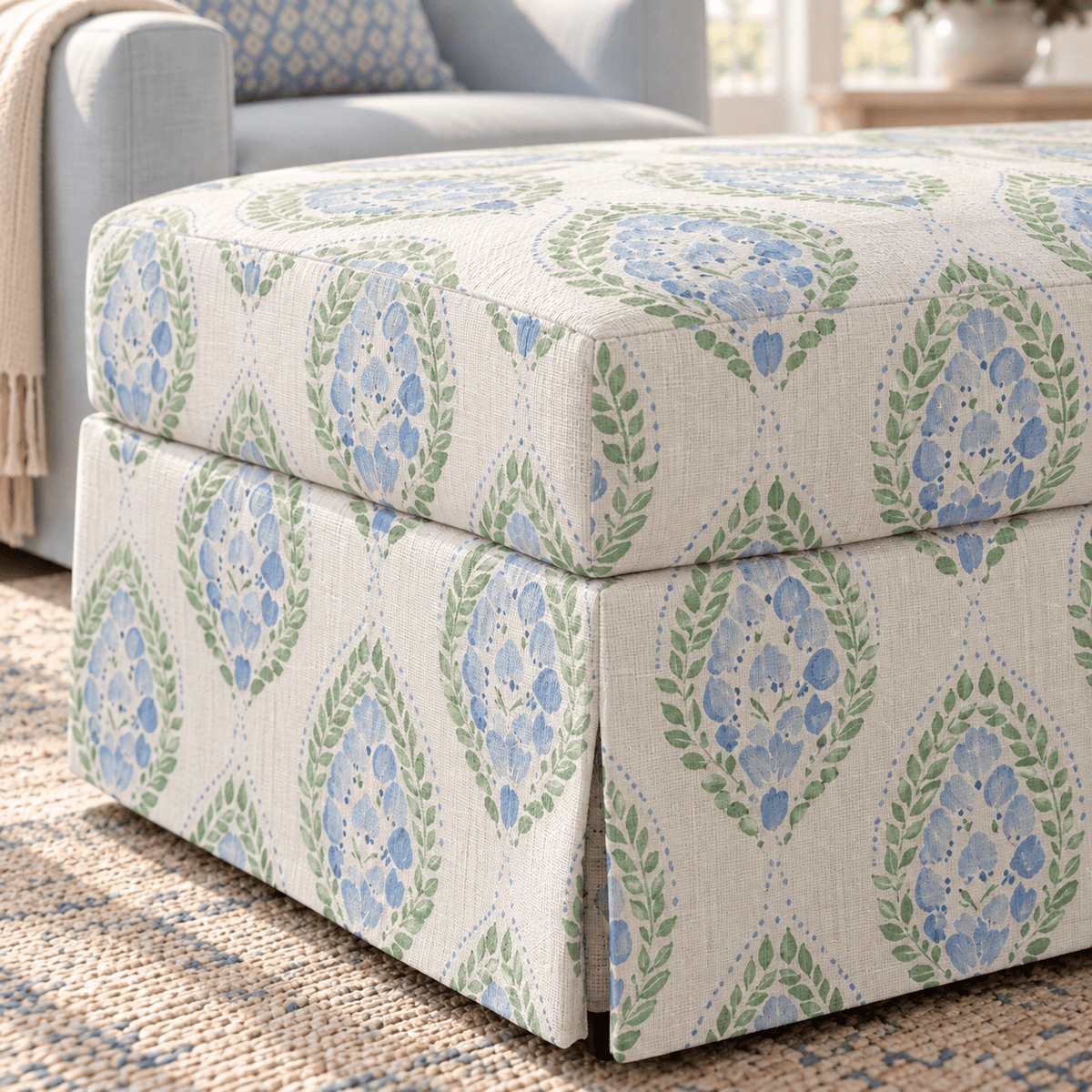 The Nolen Ottoman in Leaf Me Be - Lemon Park