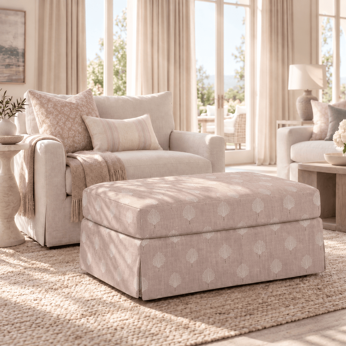The Nolen Ottoman in Loose Stems Petaline Block Print - Lemon Park