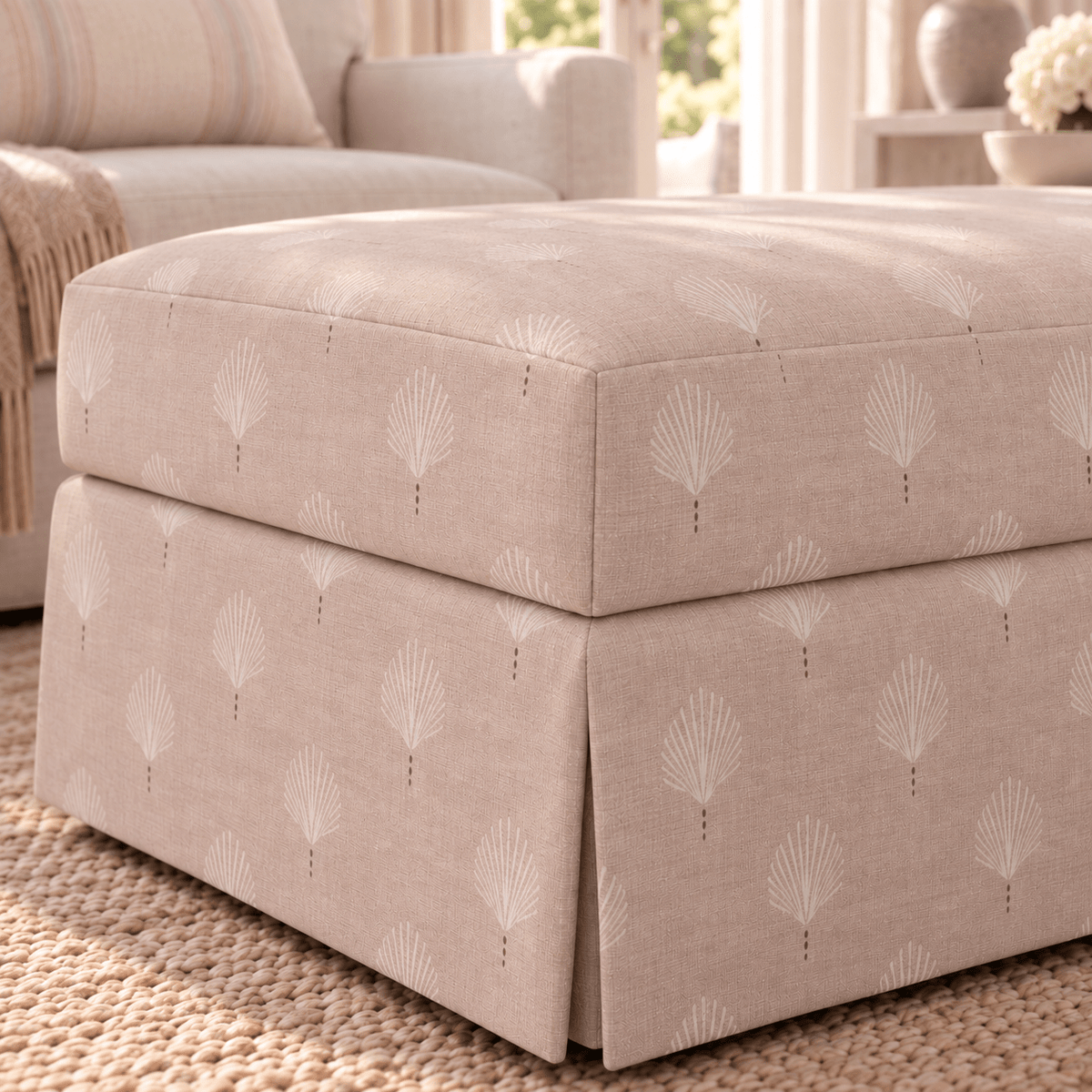 The Nolen Ottoman in Loose Stems Petaline Block Print - Lemon Park