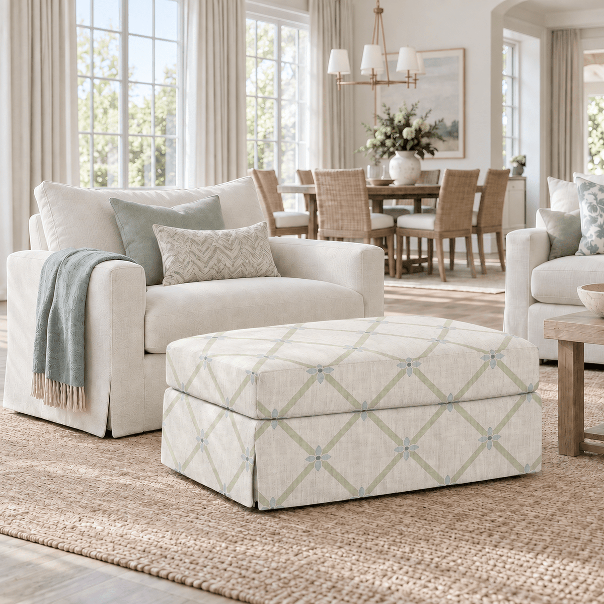 The Nolen Ottoman in Mint To Be Floral Lattice - Lemon Park