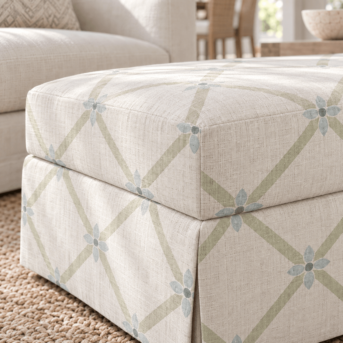 The Nolen Ottoman in Mint To Be Floral Lattice - Lemon Park
