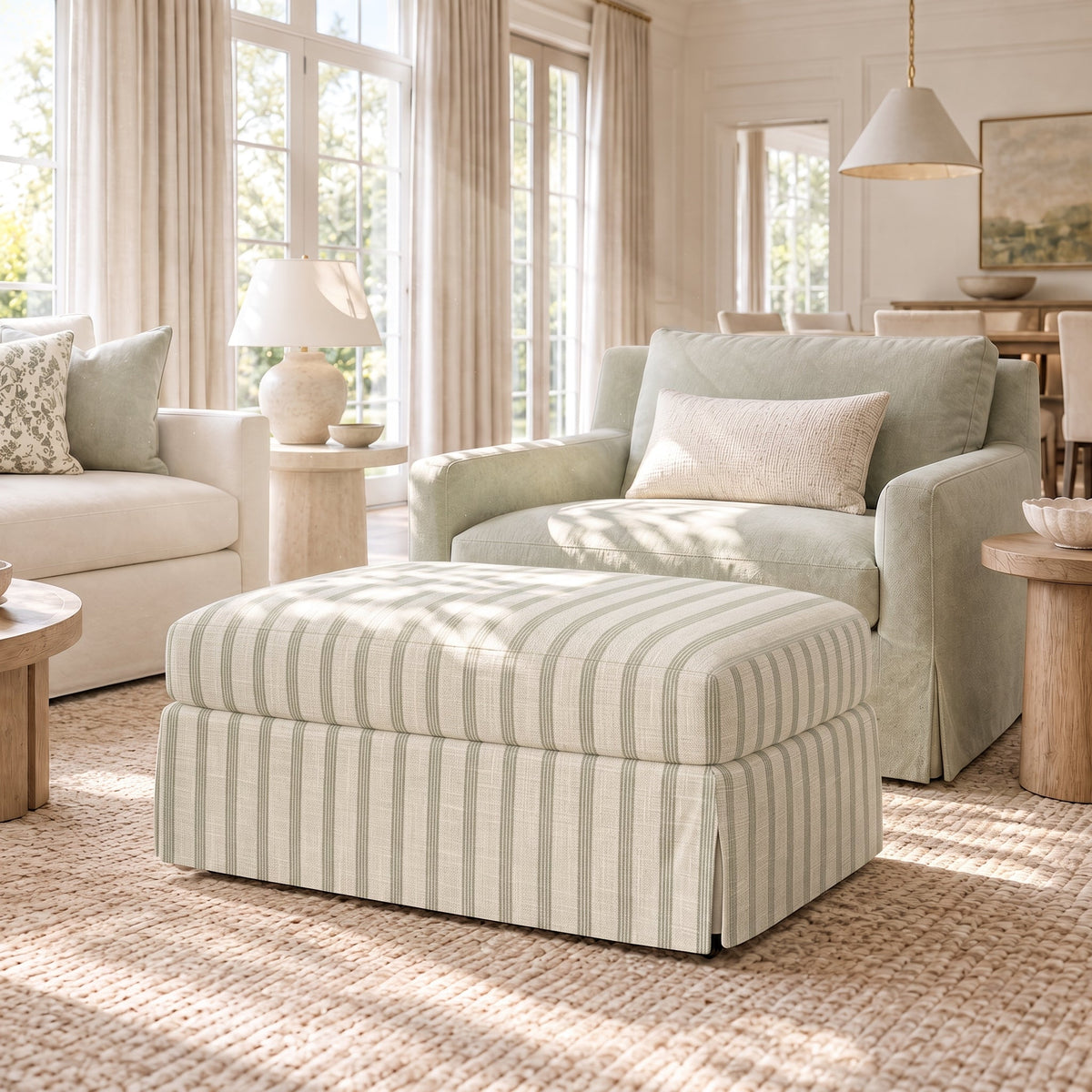 The Nolen Ottoman in Orange County Olive Stripes - Lemon Park