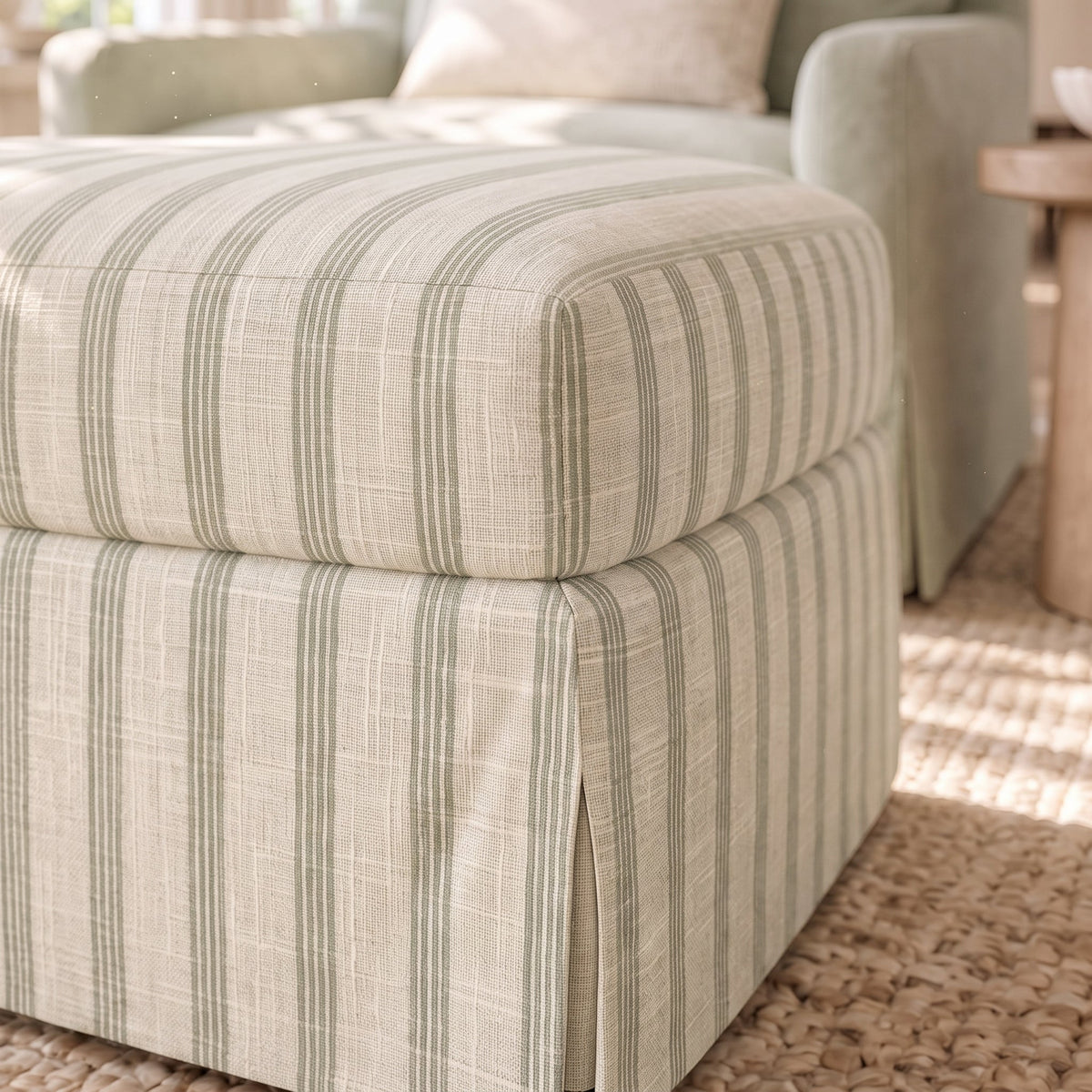 The Nolen Ottoman in Orange County Olive Stripes - Lemon Park